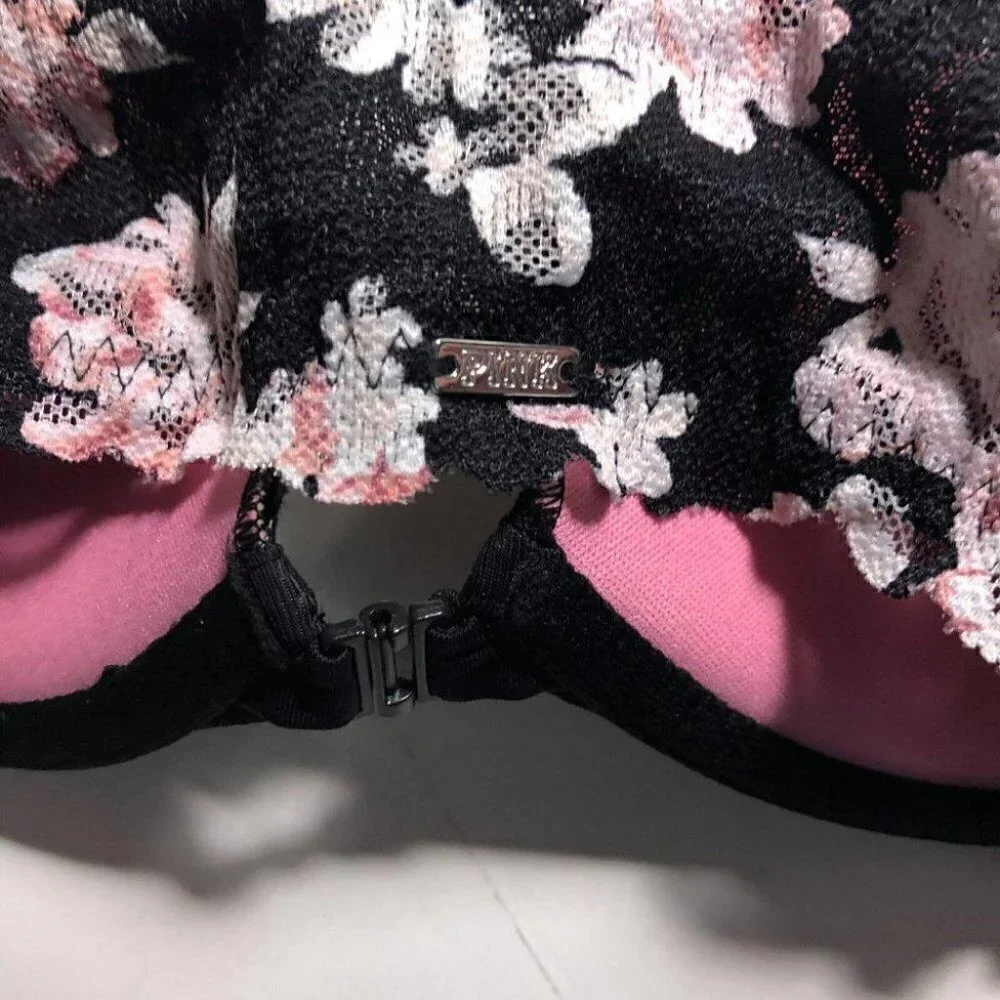 #3462-5 Victoria Secret Pink Pink Black Floral Front Closure Push Up Bra 34B